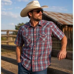 Panhandle Rough Stock Western Shirt Men XL Red Blue Plaid Pearl Snap Cowboy